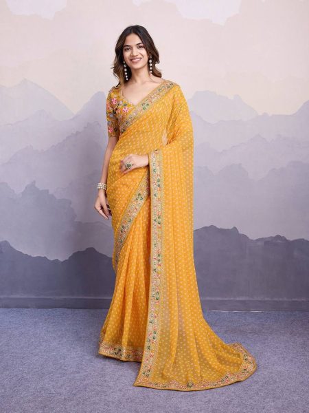 Latest Georgette Saree With Digital Print And Embroidery Work Lace Georgette Sarees Wholesale