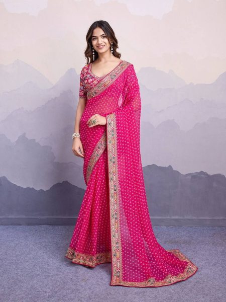 Latest Georgette Saree With Digital Print And Embroidery Work Lace Georgette Sarees Wholesale