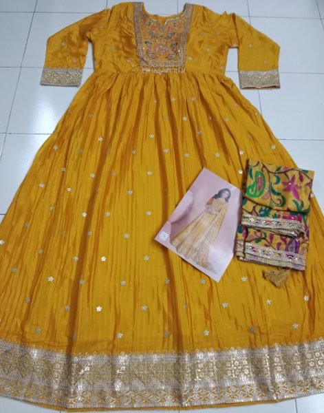 Latest Mustard Chinon Silk Long Gown with Print  Embroidery   Dupatta Floor Length Readymade Dress for Resellers Anarakali Gown Wholesale