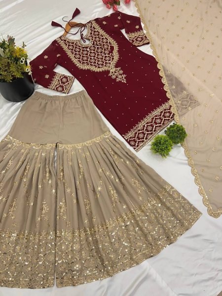 Exclusive Ready to Wear Embroidered Georgette Salwar Suit with Heavy Sharara Best Wholesale Deal on Stitched Ladies Suit Ready To Wear Collection