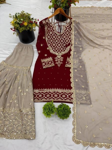 Exclusive Ready to Wear Embroidered Georgette Salwar Suit with Heavy Sharara Best Wholesale Deal on Stitched Ladies Suit Ready To Wear Collection