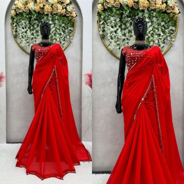 Latest Red Georgette Saree For Festival Occasional Party Georgette Sarees Wholesale