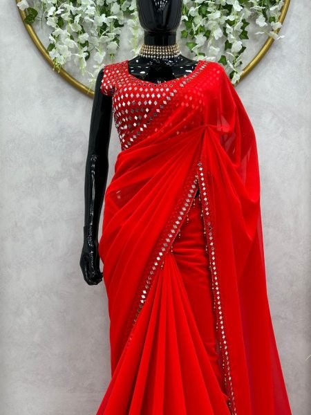 Latest Red Georgette Saree For Festival Occasional Party Georgette Sarees Wholesale