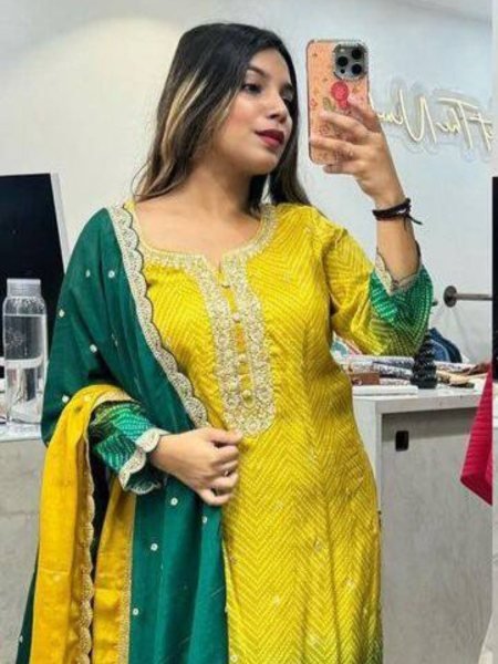 launching Festival collection  Multicoloured bandhni print with sequence coding work and print lace kurti set