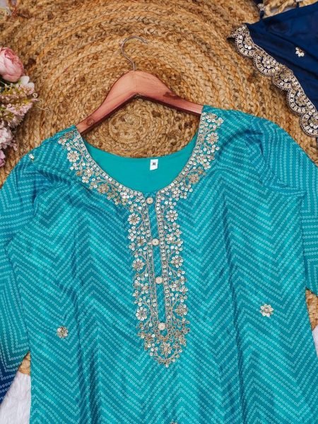 launching Festival collection  Multicoloured bandhni print with sequence coding work and print lace kurti set 3 Piece Kurti Set