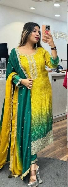 launching Festival collection  Multicoloured bandhni print with sequence coding work and print lace kurti set 3 Piece Kurti Set