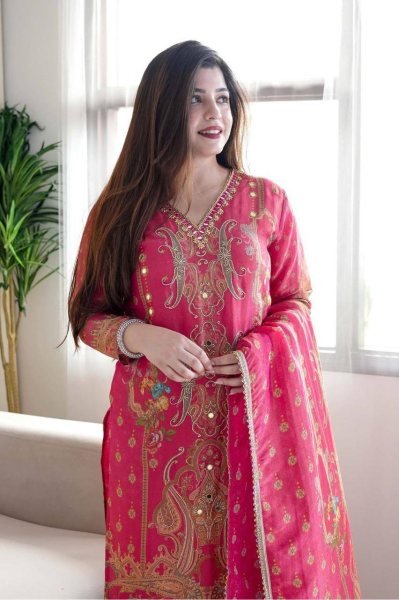 launching Model satin febric with print & work and full lining with silk pent and  dupatta plus size kurti set  3 Piece Kurti Set
