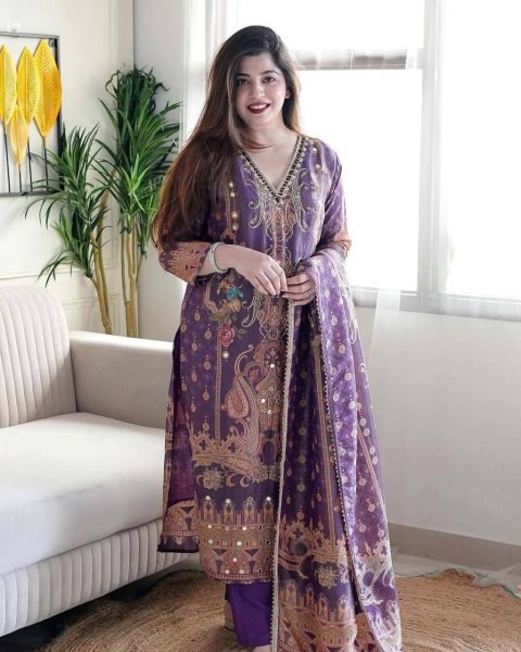 launching Model satin febric with print & work and full lining with silk pent and  dupatta plus size kurti set  3 Piece Kurti Set
