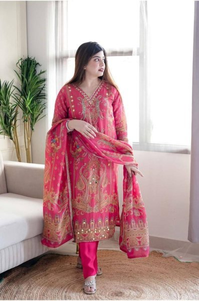 launching Model satin febric with print & work and full lining with silk pent and  dupatta plus size kurti set  3 Piece Kurti Set