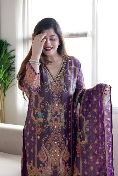 launching Model satin febric with print & work and full lining with silk pent and  dupatta plus size kurti set  3 Piece Kurti Set