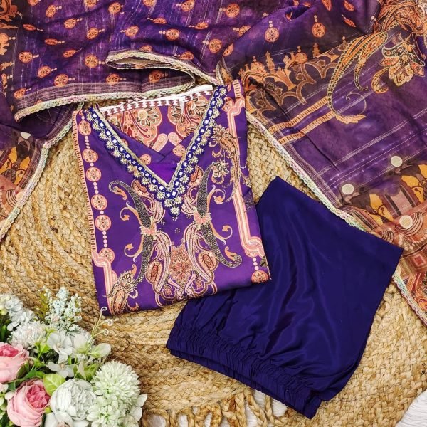 launching Model satin febric with print & work and full lining with silk pent and  dupatta plus size kurti set  3 Piece Kurti Set