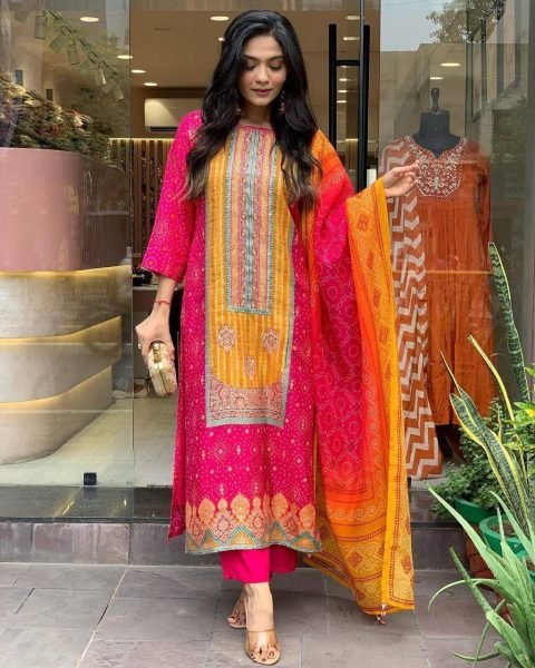 launching Multicoloured bandhni print with Stone work and Dupatta plus size kurti set  3 Piece Kurti Set