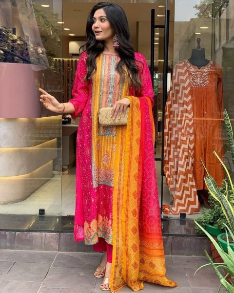 launching Multicoloured bandhni print with Stone work and Dupatta plus size kurti set  3 Piece Kurti Set