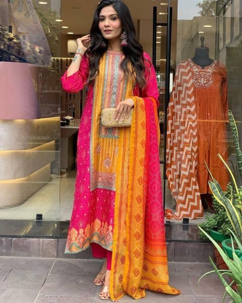 launching Multicoloured bandhni print with Stone work and Dupatta plus size kurti set  3 Piece Kurti Set