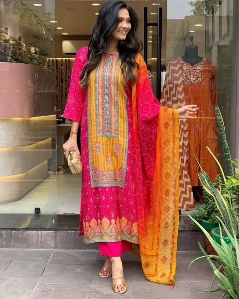 launching Multicoloured bandhni print with Stone work and Dupatta plus size kurti set  3 Piece Kurti Set
