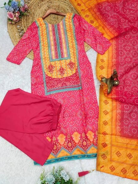 launching Multicoloured bandhni print with Stone work and Dupatta plus size kurti set  3 Piece Kurti Set