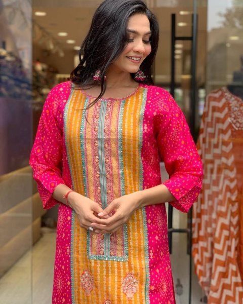 launching Multicoloured bandhni print with Stone work and Dupatta plus size kurti set  3 Piece Kurti Set