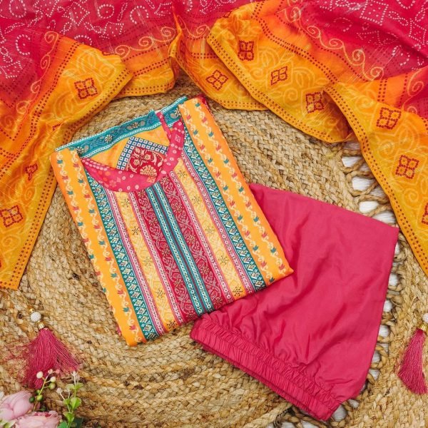 launching Multicoloured bandhni print with Stone work and Dupatta plus size kurti set  3 Piece Kurti Set