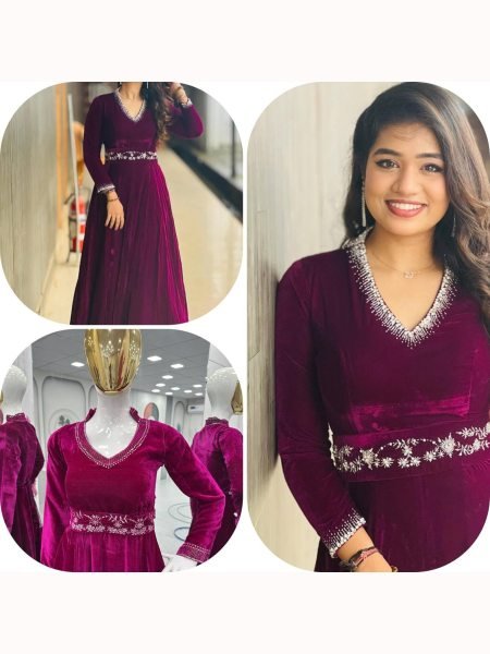 Launching New Party Wear Velvet Gown with  Heavy Embroidery Sequence Work Plus Size Kurti / Gown