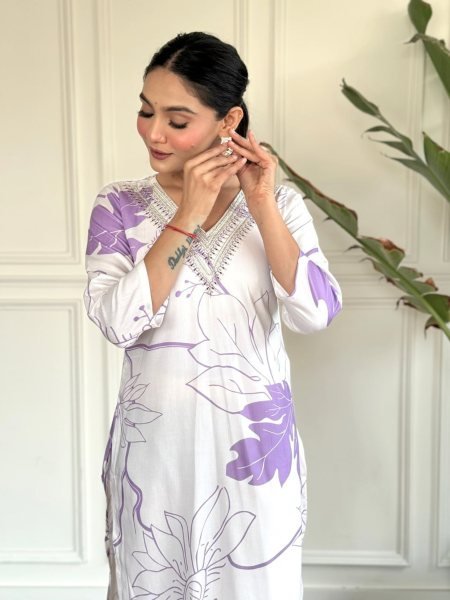 Launching New Rayon Printed Embroidered Kurti Set with Pant and Chanderi Dupatta 3 Piece Kurti Set
