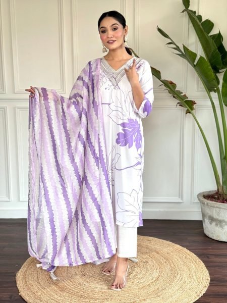 Launching New Rayon Printed Embroidered Kurti Set with Pant and Chanderi Dupatta 3 Piece Kurti Set