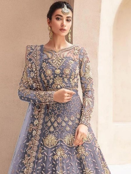 Lavender Butterfly Net Bridal Gown with Diamond Embroidery and Dupatta Wholesale from Surat Wedding Bridal Dress Wholesale