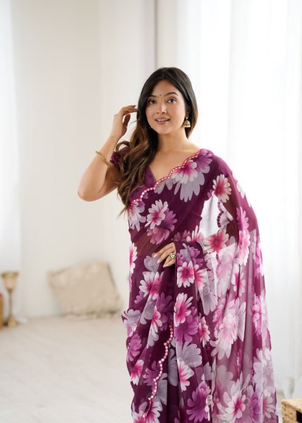 Lavender Charm Printed Georgette Saree with Mirror Work Perfect for Stylish Daywear  Printed Cotton Sarees Wholesale
