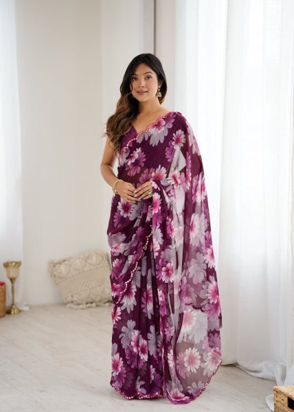 Lavender Charm Printed Georgette Saree with Mirror Work Perfect for Stylish Daywear  Printed Cotton Sarees Wholesale