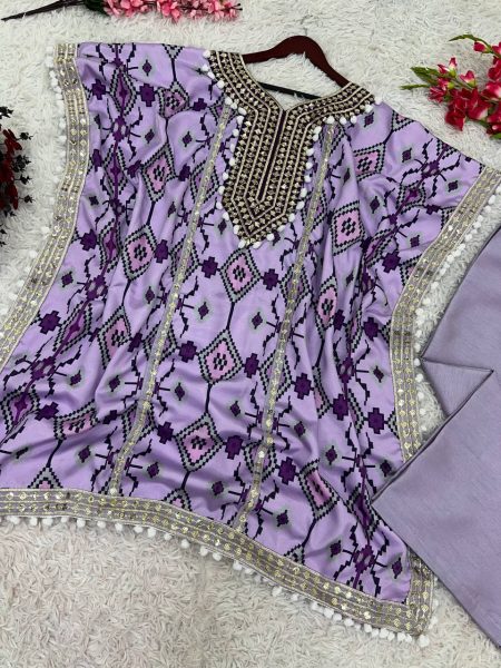 Lavender Chinon Silk Sequence Embroidery Work Kaftan Set Ready To Wear Collection