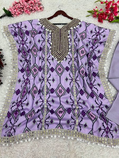 Lavender Chinon Silk Sequence Embroidery Work Kaftan Set Ready To Wear Collection