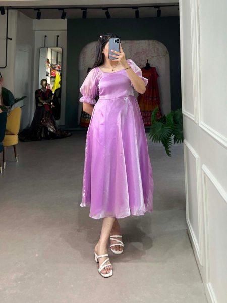 Lavender Color Burberry Silk Ready Made Gown with Micro Cotton Lining and 4-Meter Flair Tunics kurti