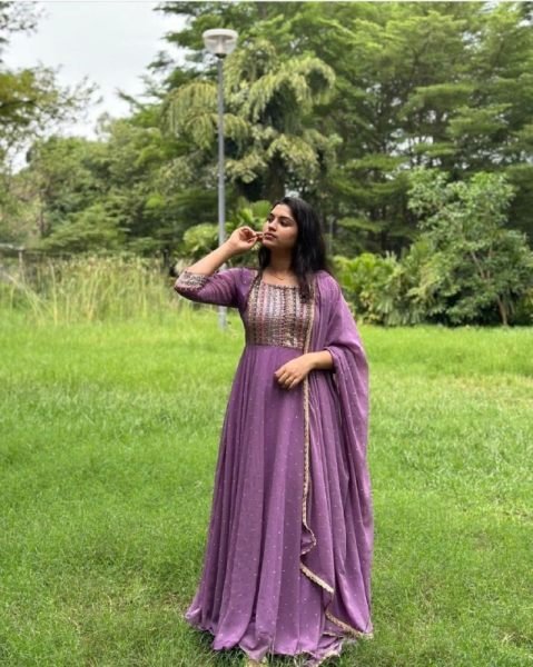 Lavender Color Fox Georgette Gown With Dupatta And Attractive Embroidery Work  Kurti With Dupatta Wholesale
