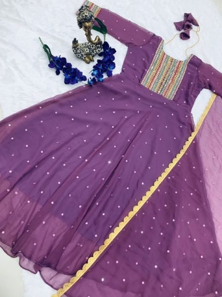 Lavender Color Fox Georgette Gown With Dupatta And Attractive Embroidery Work  Kurti With Dupatta Wholesale