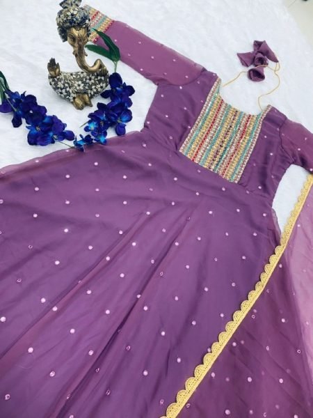 Lavender Color Fox Georgette Gown With Dupatta And Attractive Embroidery Work  Kurti With Dupatta Wholesale