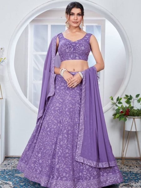 Lavender Color Fox Georgette Lehenga Choli With Embroidery Work   Lehenga