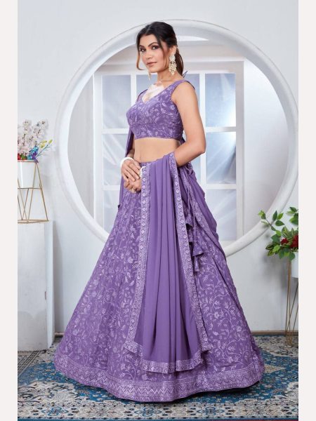 Lavender Color Fox Georgette Lehenga Choli With Embroidery Work  Designer Lehenga Choli