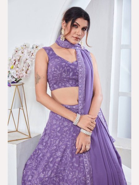 Lavender Color Fox Georgette Lehenga Choli With Embroidery Work  Designer Lehenga Choli