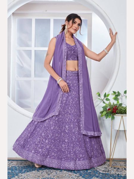 Lavender Color Fox Georgette Lehenga Choli With Embroidery Work  Designer Lehenga Choli