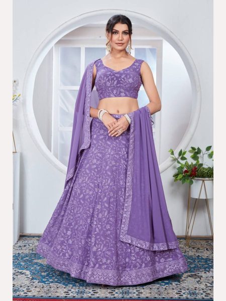 Lavender Color Fox Georgette Lehenga Choli With Embroidery Work  Designer Lehenga Choli