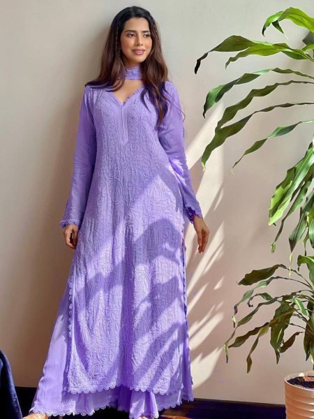 Lavender Color Georgette Salwar Suit With Cotton Thread Embroidery and Dupatta Set at Best Price
