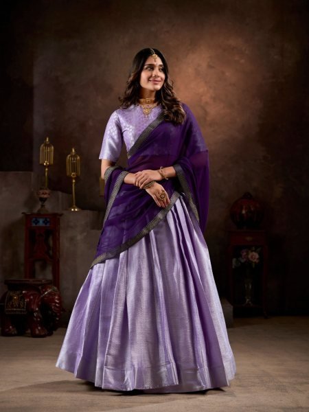 Lavender color Half Saree Jacquard Silk Lehenga Choli with Weaving Work  Lehenga