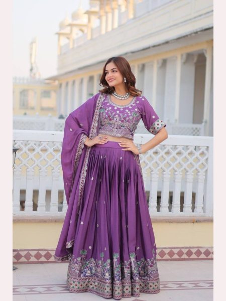 Lavender Color Pure Chinon Lehenga Choli  with Heavy Embroidery Work Designer Lehenga Choli