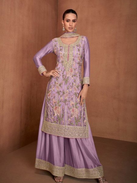 Lavender Color Real Chinon Best Quality Suit Set  