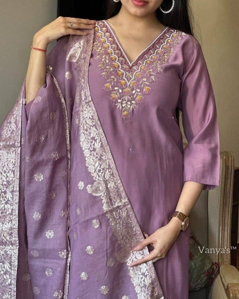 Lavender color viscose chanderi designer embroidery work festive wear kurta set 3 Piece Kurti Set