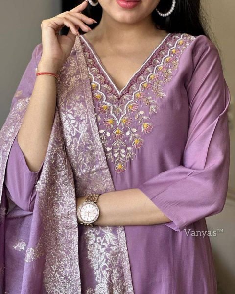 Lavender color viscose chanderi designer embroidery work festive wear kurta set 3 Piece Kurti Set