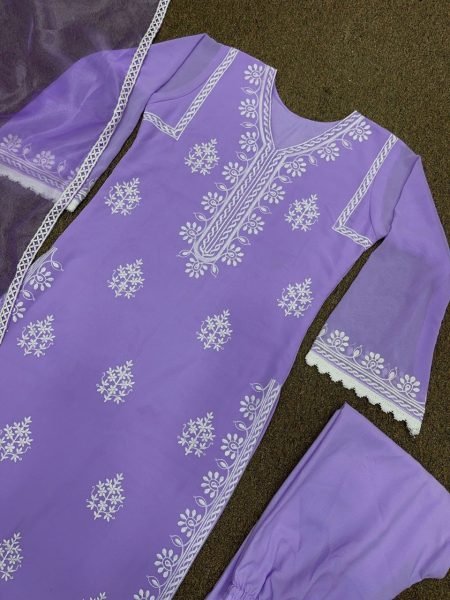 Lavender Embroidery Work Fox Georgette Kurti Pant Set Ready To Wear Collection