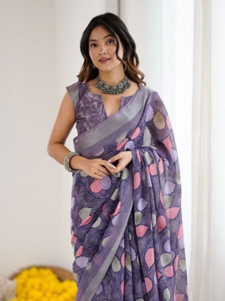 Lavender Lilan Patta Printed Saree with Georgette Blouse Soft Graceful Printed Collection Sarees 