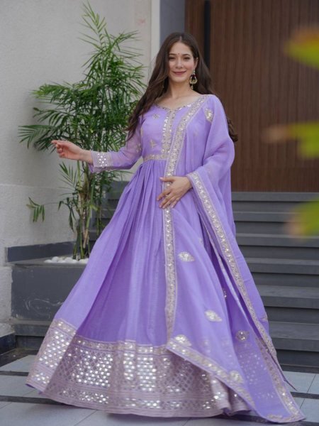 Lavender Mirror Work Silk Gown Set with Dupatta Partywear and Wedding Special 
