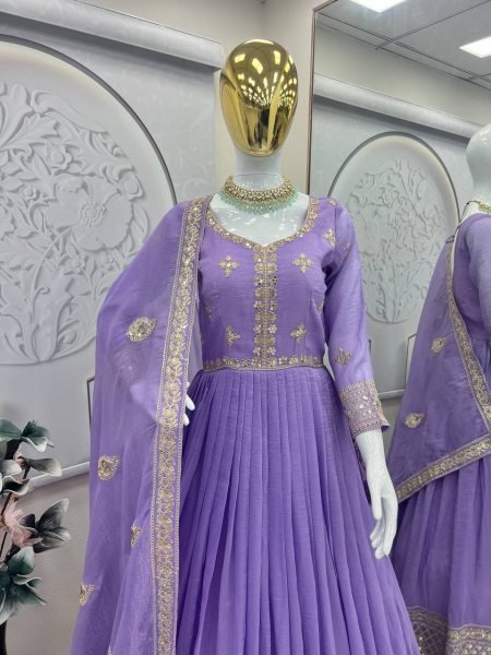 Lavender Mirror Work Silk Gown Set with Dupatta Partywear and Wedding Special Anarkali Kurtis 