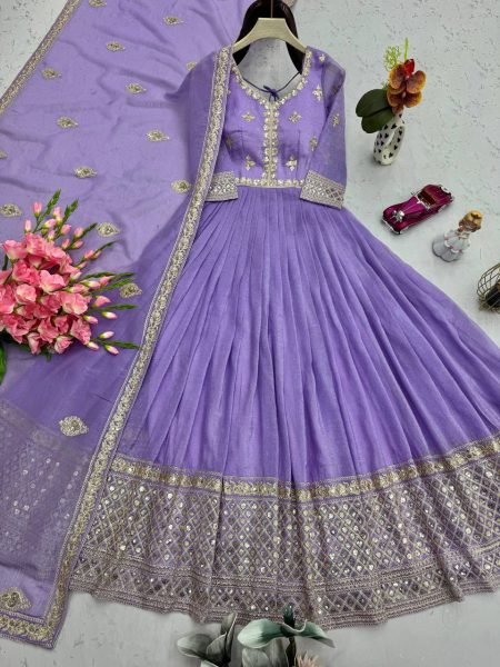 Lavender Mirror Work Silk Gown Set with Dupatta Partywear and Wedding Special Anarkali Kurtis 